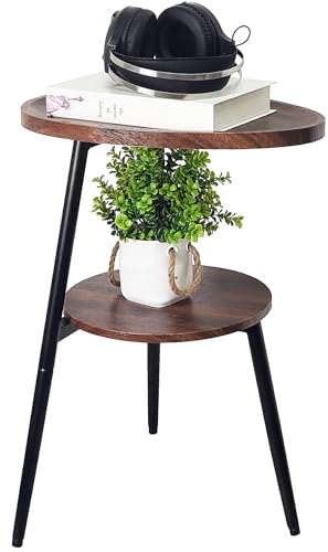 Side Table Small End Table, Oval Round Wood Sofa Table, 2 Tier Accent Table Nightstand Bedside Table with Metal Frame for Living Room, Bedroom, Small Spaces (Rustic Brown)