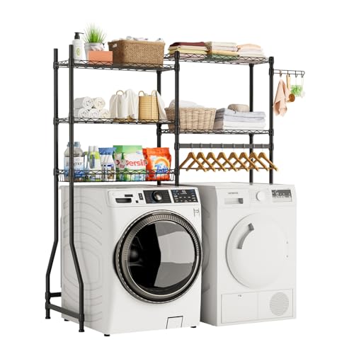 Golpart Over Washer and Dryer Shelves,Heavy Duty Laundry Room Storage Organization Clothes Drying Rack,5 Tier Adjustable Height Wire Shelving and Wire Basket with Hanger Rod&Hook,Space Saving Shelf - color: Black(5-Tier), size: 15.75”D x 58.25”W x 72”H