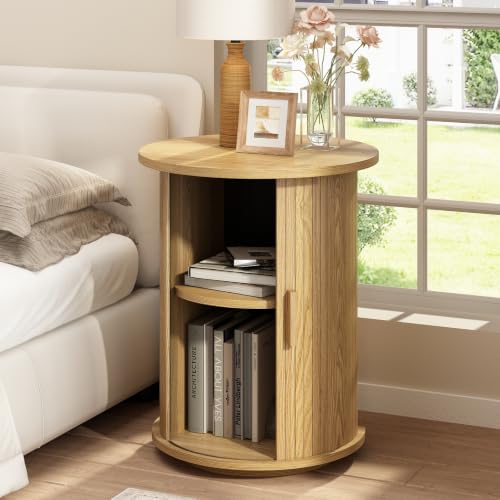 Wnutrees Round Fluted End Table, Small Accent Pedestal Side Table, Natural | Wood Nightstand with Sliding Door & 2 Tier Shelf, Bedside Unit for Living Room, Bedroom - color: Natural