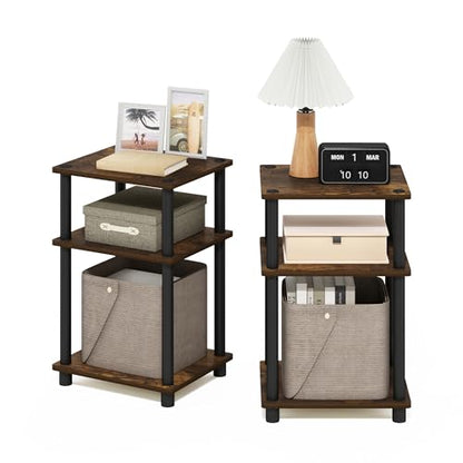 Furinno JUST Side Table Set of 2, 3-Tier Modern End Tables, Open Shelves Night Stand, Nightstand Set, Toolless Assembly, for Living Room, Bedroom, Amber Pine - color: Amber Pine/Black, size: 3-Tier, Round Pole, style: 2-Pack