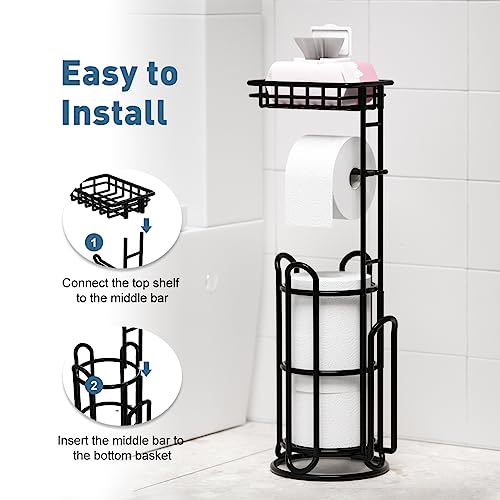 [Upgrade] Toilet Paper Holder Stand with Shelf Tissue Holders for Bathroom Free Standing Bath Tissue Roll Holder Magazine Rack for Mega Rolls/Phone/Wipe-Black - color: C-black