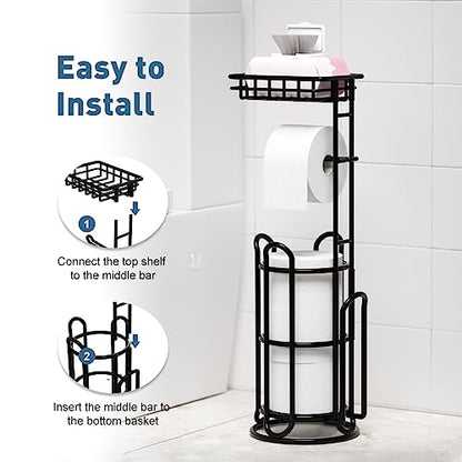 [Upgrade] Toilet Paper Holder Stand with Shelf Tissue Holders for Bathroom Free Standing Bath Tissue Roll Holder Magazine Rack for Mega Rolls/Phone/Wipe-Black - color: C-black