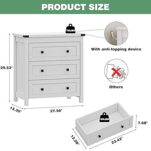 Xixini Farmhouse Nightstand with 3 Storage Drawers, 27.55" Wide Wood Bedside Table, Modern Side Table with Metal Handle, End Table for Bedroom, White - color: White