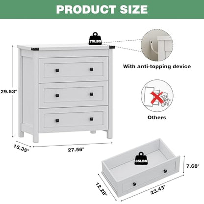 Xixini Farmhouse Nightstand with 3 Storage Drawers, 27.55" Wide Wood Bedside Table, Modern Side Table with Metal Handle, End Table for Bedroom, White - color: White