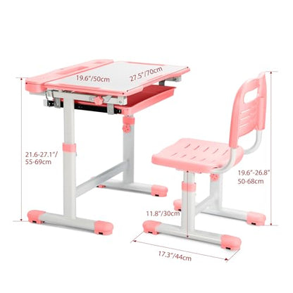 Rengue Kids Desk and Chair Set, Height Adjustable Children School Functional Study Desk with 55° Tiltable Desktop, 3 Modes & Brightness LED Light, Storage Drawer & Metal Hook for Boys Girls (Pink) - color: Pink