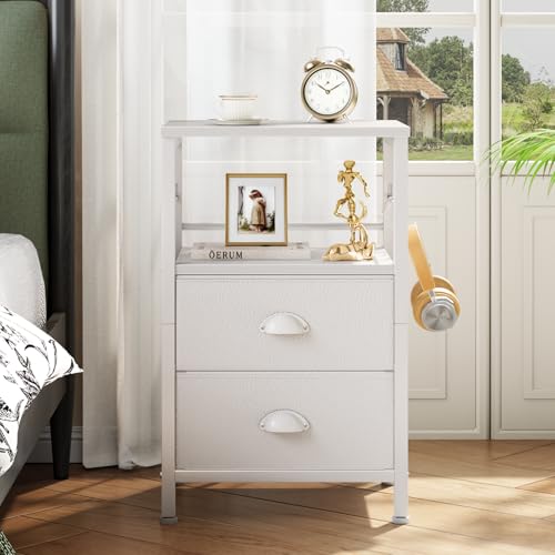 Furologee Nightstands Set of 2, End Table with 2 Fabric Drawers, Night Stand with 2 Hooks, Open Wood Shelf Bedside Table for Bedroom/Living Room/White - color: White, style: 2 pc