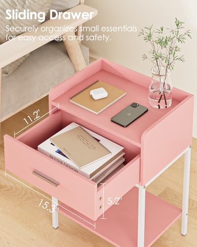 Nightstand,Modern Bedside Table Night Stand with Storage Drawer and Open Shelf,Small End Side Table for Bedroom,Living Room,Pink - color: Pink