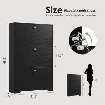 Nicetree Shoe Cabinet with 3 Flip Drawers, Narrow Shoe Organizer Cabinet, Freestanding Shoe Rack Cabinet, Modern Shoe Storage Cabinet for Entryway, Hallway, Foyer, Black with Hook - color: Black, style: 3-Drawers with Hook