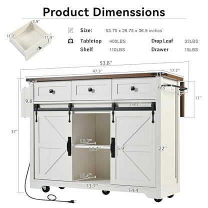 Ball & Cast Kitchen Island with Storage,53.7" Farmhouse Rolling Kitchen Island Cart w/Power Outlet & Drop Leaf,Mobile Island Table w/3 Drawers,Towel Rack and Spice Rack,for Home and Dining Room,White - color: White