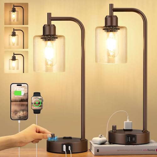 Innqoo Industrial Table Lamps for Bedrooms Set of 2 - Fully Dimmable Bedside Lamps with USB Ports and Outlet, Brown Nightstand Lamps with Glass Shade for Living Room, Desk Lamps for Office Reading - color: Brown