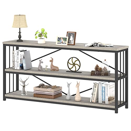 63 Inch Long Horizontal Bookshelf, Industrial 3 Tier Low Bookcase Grey | Modern Large Wide Open Rustic Metal and Wood Grey Book Shelf Etagere for Bedroom Living Room Home Office Storage - color: Light Grey Oak, size: 63 Inch