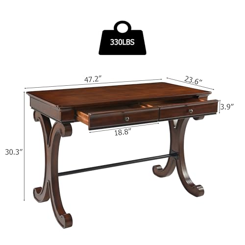 Farmhouse Oak Laptop Desk, Home Office Desks with 2 Storage Drawers, 47.2" Large Work Desk with Curved Legs, Secretary Desk for Home Office, Easy Assembly Vanity Desk, Study Table Station SSZD0036 - size: 47.2"
