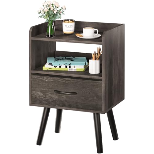 Yoobure Night Stand with Fabric Drawer, Modern Nightstand, Bedside Tables, Mid Century Nightstands with Open Storage Shelf, Wood Bedside Table, Small Night Stands for Bedrooms, 2-Tier Night Table - color: Charcoal Gray