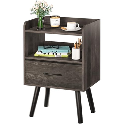 Yoobure Night Stand with Fabric Drawer, Modern Nightstand, Bedside Tables, Mid Century Nightstands with Open Storage Shelf, Wood Bedside Table, Small Night Stands for Bedrooms, 2-Tier Night Table - color: Charcoal Gray