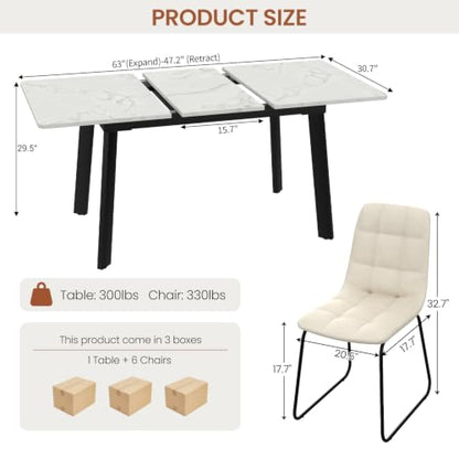 47.2"-63" Expandable Dining Room Table Set for 4-8 People, White | Removable Extension Leaf, Durable MDF Rectangle Tabletop, 6 Beige Sleek Faux Leather Chairs, Heavy Duty Modern Kitchen Table - color: 47.2'' - 63'' White Table+6 U Beige Chairs