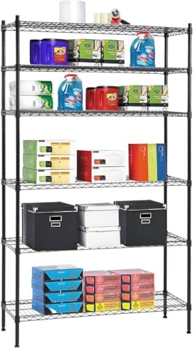 Meet perfect 6-Tier Wire Shelving Unit, 72" H x 42" W x 16" D Heavy Duty Metal Storage Shelves, 1500LBS Total Weight Capacity Adjustable Standing Shelf Rack with Leveling Feet - color: Black, size: 6-Tier, 72"H × 42"W × 16"D