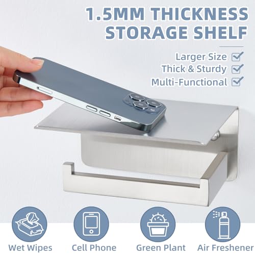 APLusee Brushed Nickel Toilet Paper Holder with Shelf, Left Side 304 Stainless Steel Tissue Roll Hanger, Wall Mounted - color: Brushed Nickel