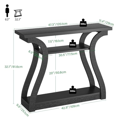 47" Wood Console Table for Entryway, Narrow Sofa Table with 3-Tier Shelves | Curved Legs Farmhouse Hallway Table, Skinny Console Table Behind Couch, Rustic Wooden Entry Table for Living Room (Black) - color: Black