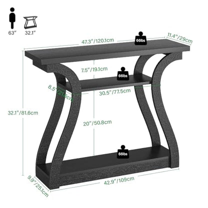 47" Wood Console Table for Entryway, Narrow Sofa Table with 3-Tier Shelves | Curved Legs Farmhouse Hallway Table, Skinny Console Table Behind Couch, Rustic Wooden Entry Table for Living Room (Black) - color: Black