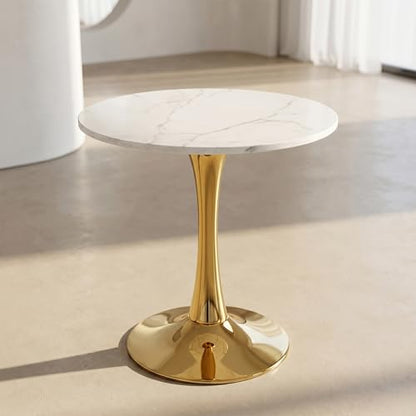 27.6" Marble Round Tulip Table, Mid-Century Modern Style Dining Table with Gold Pedestal Base for 2-4 People, Featuring A Marble Tabletop for Kitchen, Dining Room, Cafe (White) - color: White#gold