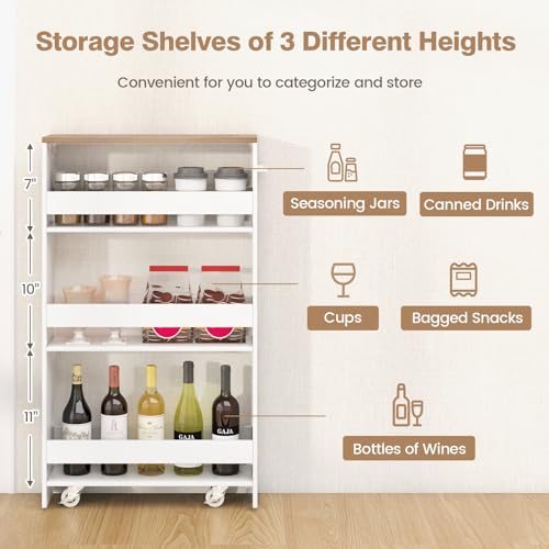 Slim Rolling Storage Cart, 4-Tier Kitchen Utility Carts on Wheels, Wood Shelving Unit Organizer Trolley with Handle, 5” Width Narrow Cart for Small Spaces, Laundry, Bathroom (White & Natural)