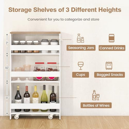 Slim Rolling Storage Cart, 4-Tier Kitchen Utility Carts on Wheels, Wood Shelving Unit Organizer Trolley with Handle, 5” Width Narrow Cart for Small Spaces, Laundry, Bathroom (White & Natural)