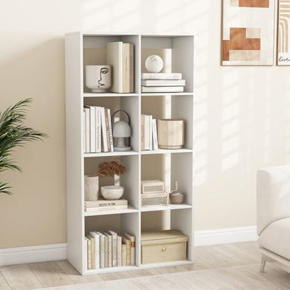 Giantex 8-Cube Bookcase, White Cubby Bookshelf w/Back Guardrail & Anti-Tipping Kits, 8-Tier Freestanding Storage Organizer with Shelves, Open Back Display Rack for Living Room, Bedroom, Study
