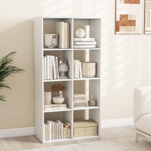 Giantex 8-Cube Bookcase, White Cubby Bookshelf w/Back Guardrail & Anti-Tipping Kits, 8-Tier Freestanding Storage Organizer with Shelves, Open Back Display Rack for Living Room, Bedroom, Study