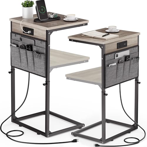 Vagusicc C-Shaped End Table Set of 2 with Charging Station, Small Side Table for Couch, Adjustable Height Couch Side Table, Slide Under Sofa Table TV Tray Tables for Living Room, Bedroom,Bedside, Gray - color: 2pc Greige