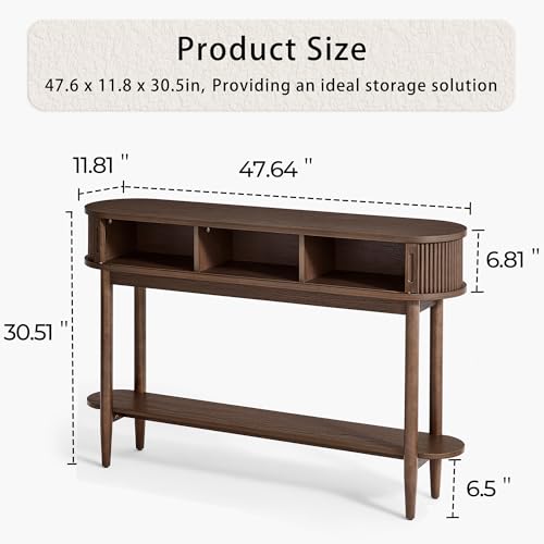 LINSY Fluted Console Table with Storage and Shelves, Walnut | Entryway Table, Wood Entrance, Behind Couch Sofa Table, Foyer Tables for Hallways, Living Room Boho Furniture, Narrow Long - color: Walnut