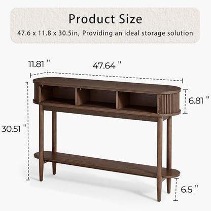 LINSY Fluted Console Table with Storage and Shelves, Walnut | Entryway Table, Wood Entrance, Behind Couch Sofa Table, Foyer Tables for Hallways, Living Room Boho Furniture, Narrow Long - color: Walnut