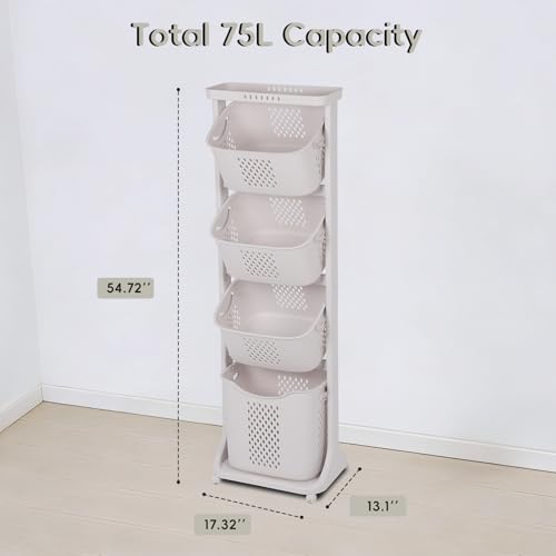 GCCSJ 4-Tier Rolling Laundry Hamper Sorter with Wheels, 95L Capacity & Removable Mesh Baskets, Foldable Storage Organizer Cart for Bedroom, Bathroom, Laundry Room (17.32"x13.1"x54.72")