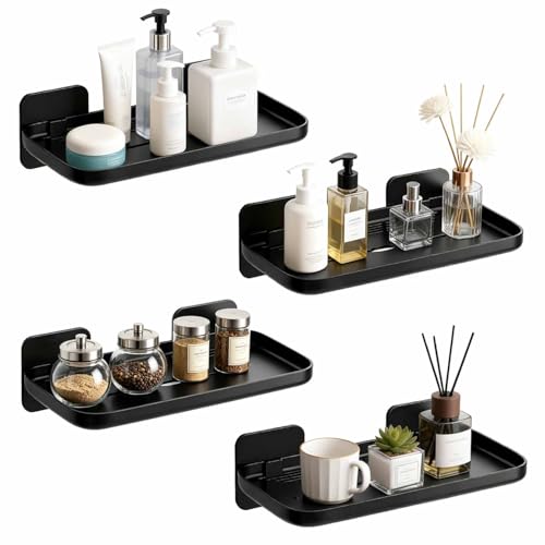 4 Pack Floating Shelves for Wall, Self Adhesive Small Shelf, No Drill Adhesive Wall Shelf, Floating Shelves Damage-Free Expand Walls Space for Living Room Kitchen Bathroom (Black) - color: Black