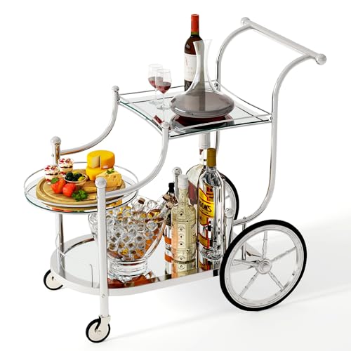 Tangkula Bar Cart, 3-Tier Rolling Home Bar Serving Cart with Mirrored Shelves & 4 Wheels, Mobile Beverage & Wine Cart for Kitchen, Dining Room, Living Room (Silver) - color: Silver