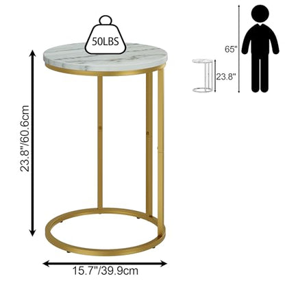 Function Home C Table End Table, Marble C Shaped Sofa Side Table, Couch Tables that Slide Under, Snack Accent Table for Living Room Bedroom Small Space, Marble Top and Gold Metal Frame - color: Round Gold