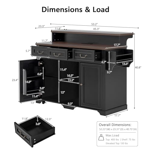 Merax 53.2" Two-Tier Kitchen Island with Storage, Farmhouse Kitchen Island with Power Outlet, 4 Door Shelves, Adjustable Shelves, 3 Drawers, Rolling Island Table, Bar Cabinet for Kitchen, Ash Black - color: Ash Black