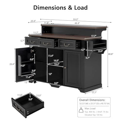 Merax 53.2" Two-Tier Kitchen Island with Storage, Farmhouse Kitchen Island with Power Outlet, 4 Door Shelves, Adjustable Shelves, 3 Drawers, Rolling Island Table, Bar Cabinet for Kitchen, Ash Black - color: Ash Black