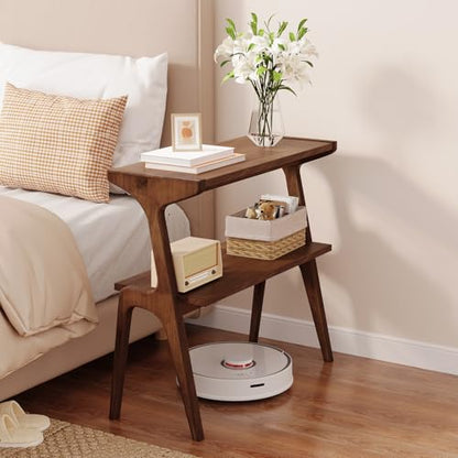 Solid Wood End Table, 2-Tier Side Table with Storage Shelf, Wooden Modern Accent Slim Bedside Table for Sofa, Living Room, Bedroom, Small Space, Easy Assembly, Rustic Brown - color: Rustic Brown