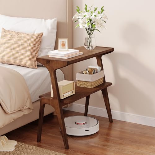 Solid Wood End Table, 2-Tier Side Table with Storage Shelf, Wooden Modern Accent Slim Bedside Table for Sofa, Living Room, Bedroom, Small Space, Easy Assembly, Rustic Brown - color: Rustic Brown