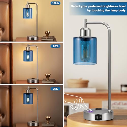 Innqoo Industrial Blue Table Lamps for Bedrooms Set of 2-3-Way Dimmable Desk Lamp with USB C+A Ports and Outlet, Nickel Lamps with Green Glass Shade for Living Room - color: Blue Shade& Nickel Base