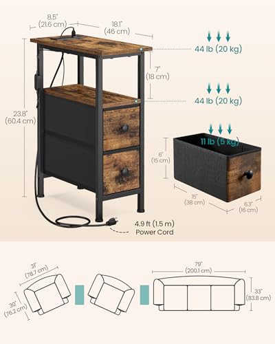 SONGMICS Side Table, Nightstand with Charging Station, End Table with LED Lighting, 2 Drawers, for Living Room, Bedroom, Set of 2, Rustic Brown, BELLAH Collection ULGS012K101 - color: Rustic Brown, size: 2 Pack (8.5"D x 18.1"W x 23.8"H)