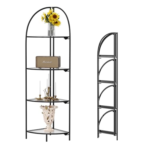 Crofy 4-Tier Foldable Corner Shelf, Metal Black Frame & Transparent Shelves | Corner Plant Stand, Corner Display Rack, Multipurpose Shelving Unit for Living Room, Bedroom and Bathroom - color: Black Frame & Transparent Shelf, size: 4 Tier