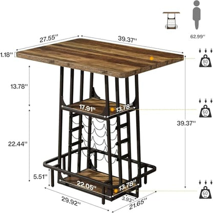 Tribesigns Bar Table, Industrial Counter Height Pub Table, Black and Brown | with Glass Holder and Wine Storage,3-Tier Cocktail Table, Home Bar Unit with Metal Footrest for Kitchen, Bistro, Dining Room