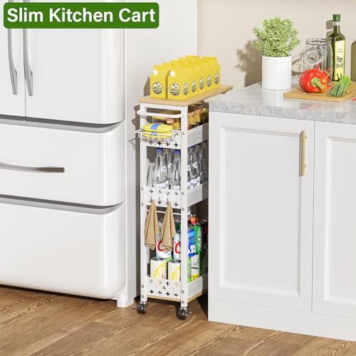 Utility Slim Storage Cart for Home Laundry Room, Bathroom, Kitchen | 4-Tier narrow rolling cart for small space, Holds tall bottles, Upgraded metal hub casters, Premium wood & metal mesh shelves