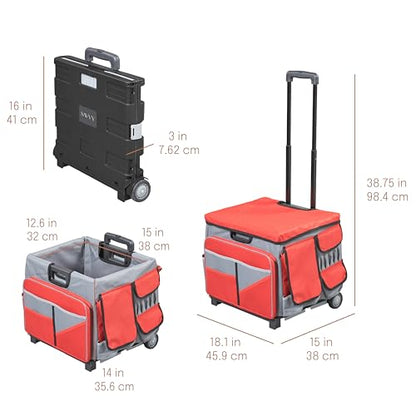 Folding Mobile Utility Cart, Canvas Organizer Bag, Red/Grey | Durable plastic, 30 compartments, adjustable handle, 40 lb capacity, collapses to 3" thick, rolling wheels for easy transport - color: Red/Grey