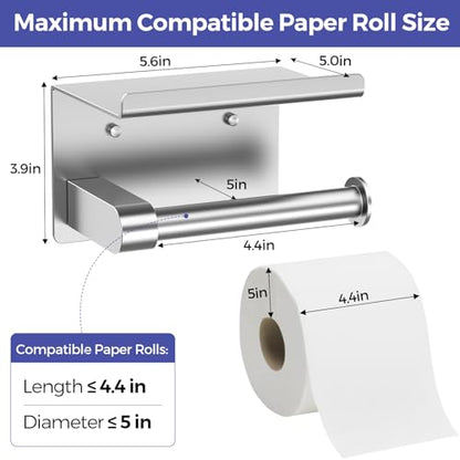 Bntuk Toilet Paper Holder with Shelf, Self-Adhesive or Screw Wall Mount Toilet Paper Holder with Wipes Storage, Rustproof Stainless Steel Tissue Roll Holder for Bathroom Washroom (Brushed Nickel) - color: Silver