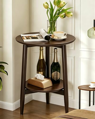 Round End Table,Solid Wood Small Round Table with Lower Shelf,Round Side Table,Nightstand for Small Spaces,Living Room,Bedroom(Walnut) - color: Walnut