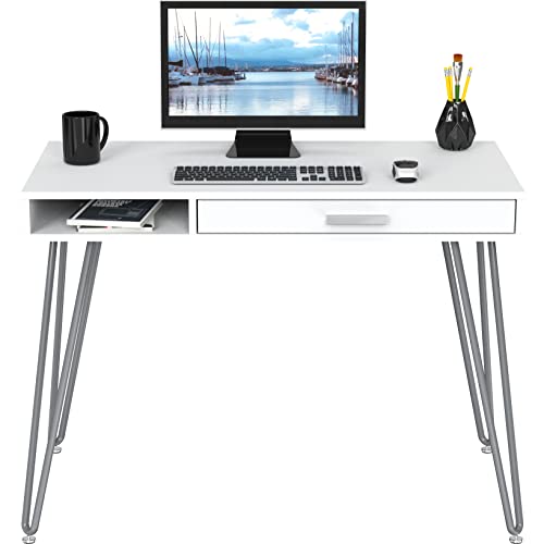 SHW Home Office Computer Hairpin Leg Desk with Drawer, White - color: White