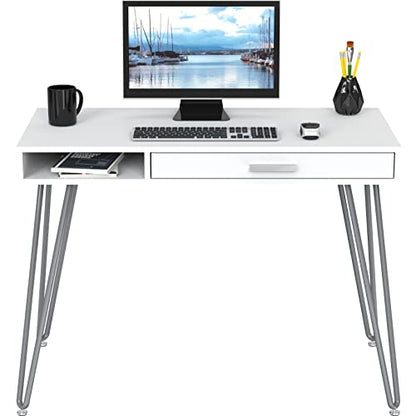 SHW Home Office Computer Hairpin Leg Desk with Drawer, White - color: White