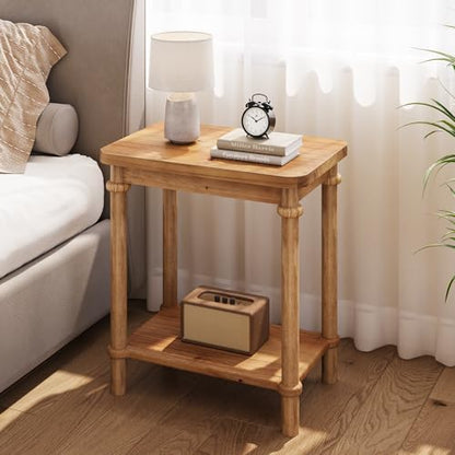 LITTLE TREE Solid Wood End Table, 25.6 H Narrow Side Table w/2-Tier Shelves, Narrow End Table with Round Edges, Small Wood Side Tables for Living Room Bedroom Bathroom Entryway(15.75" D x 23.62" W)